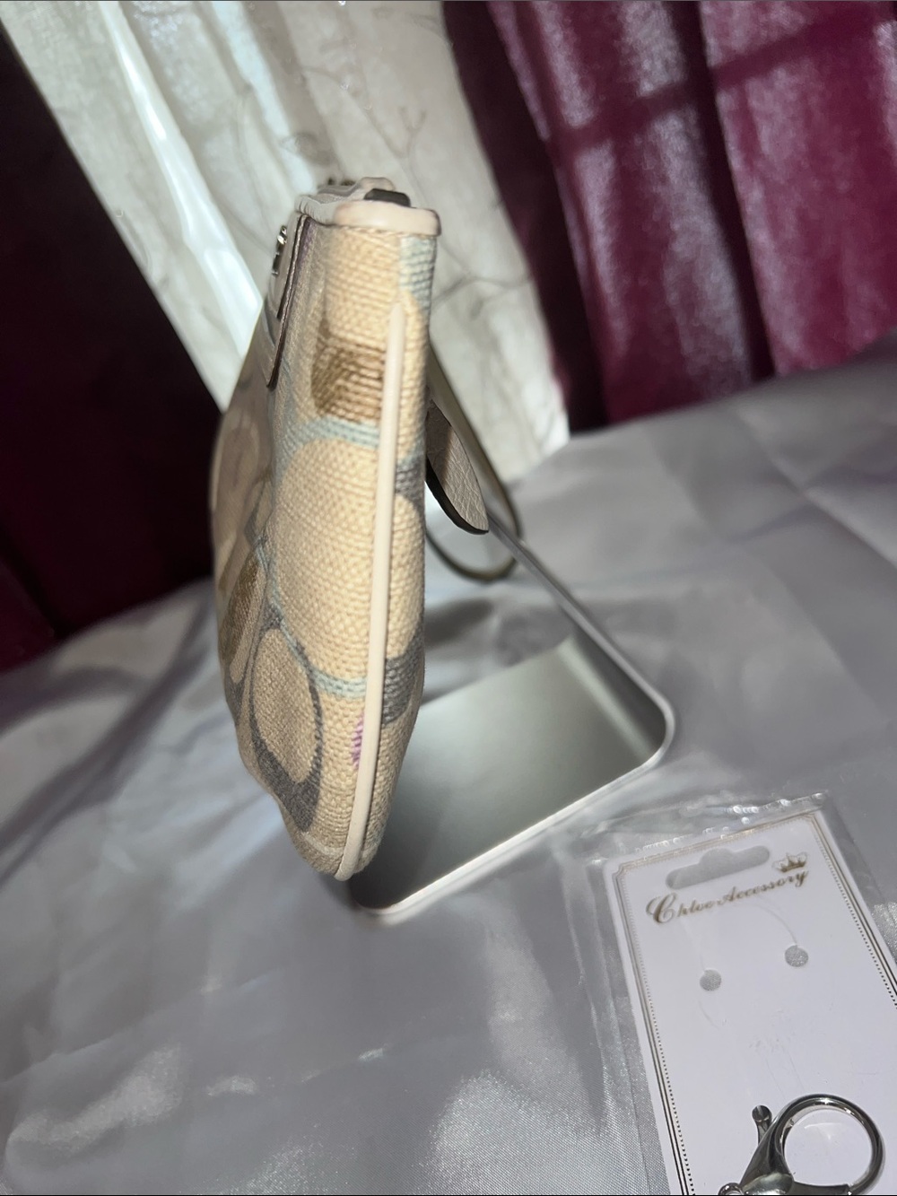 Coach Beige Signature Canvas Wristlet with Pastel Blue and Lavender Accents - Picture 5 of 11
